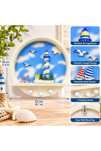 Generic AASAI CART HandMade Coastal Lighthouse Wall Decor | Beach Theme Entryway Organizer & Towel Rack for Bathroom | Seaside Cottage Home Decor shelf with hanger, 3 hooks, 32 * 32 * 7 cm