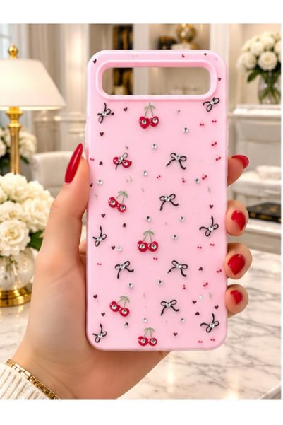 CaseTechnoo İnfinix Smart 10 Plus Uyumlu Lüks &Parlak Taşlı Kiraz ve Fiyonk D...