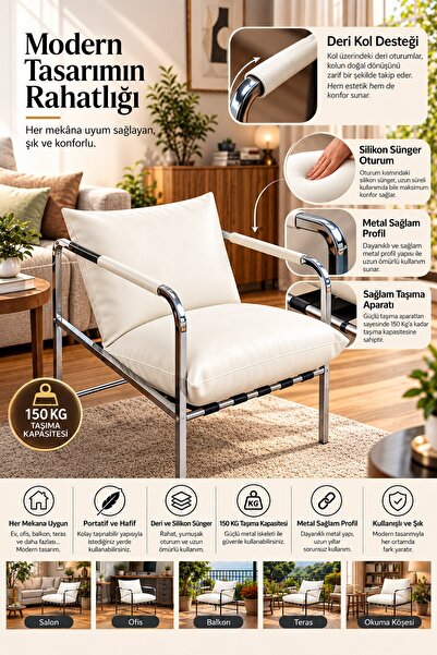 TİLİAOFFİCE KONFORA KROM Portatif Metal İskeletli Berjer, Modern Metal İskele...
