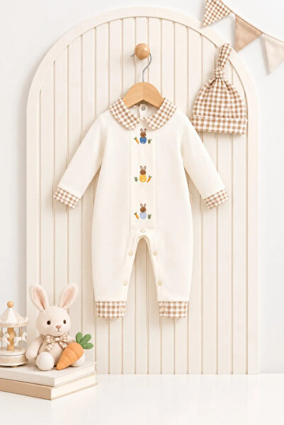 Tuğra Bebe Rabbit Embroidered Plaid Collared Baby Romper Set with Hat, 100% C...