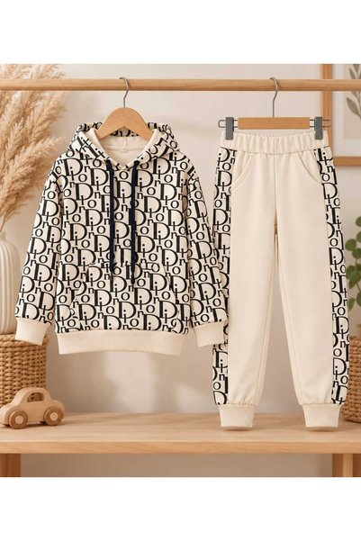 krm kerem bebe 2-Piece Children's Set with Hooded Patterned Pockets and Silk Cotton Top and Bottom, Suitable for Boys' Kindergarten and Nursery.