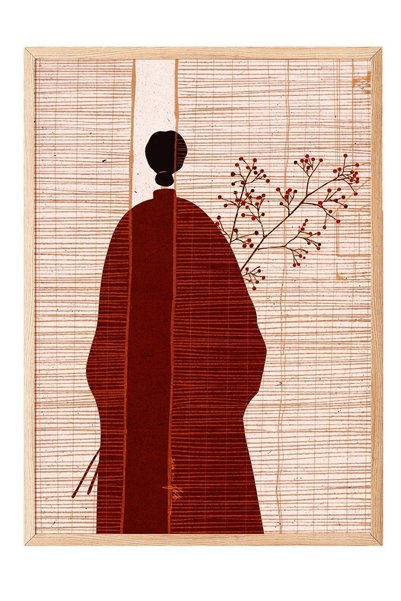 Postifull Poster cu o figură în kimono și flori roșii – Tablou în ramă de lem...