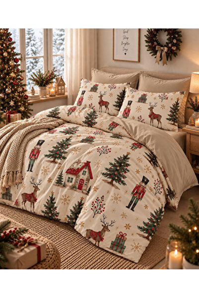 MyStory Home Lastikli Çarşaflı Çift Kişilik Nevresim Takımı Nutcracker Bej