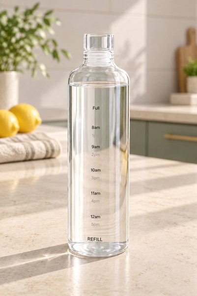 NEWNOW HydraTime Motivasyonlu Cam Su Şişesi Zaman Çizelgeli Şeffaf Matara Gün...