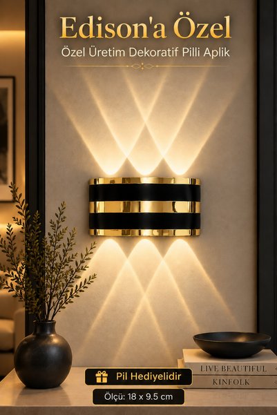 Edison Pilli LED Duvar Apliği Gold Detaylı Kablosuz Gün Işığı Çift Yönlü Deko...