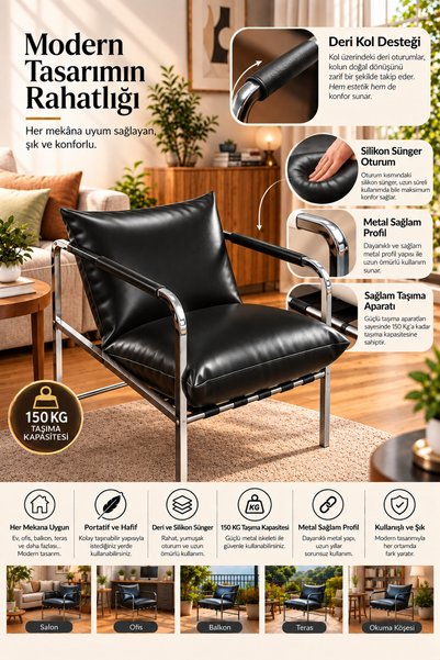 TİLİAOFFİCE KONFORA KROM Portatif Metal İskeletli Berjer, Modern Metal İskele...