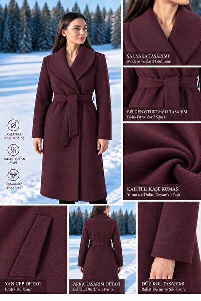 Moda Banuş Women's Belted, Pocketed, Slit, Lined Cashmere Coat, Grayish Plum