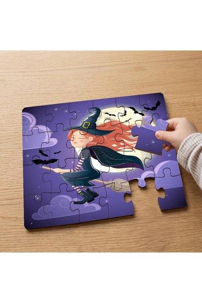 puntodizayn الساحرة مع المكنسة الكهربائية - تصميم الهالوين، لغز خشبي للأطفال ...