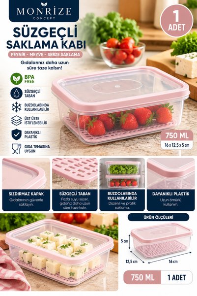 Monrize Concept Süzgeçli Saklama Kabı 750 ml Peynir Meyve Sebze Saklama Kabı ...