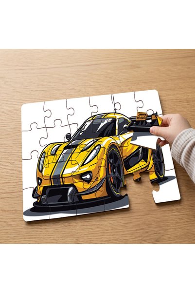 puntodizayn لغز خشبي للأطفال مكون من 24 قطعة بتصميم سيارة رياضية صفراء MPK1238