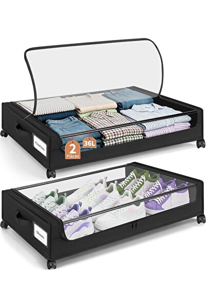 GENERAL Set of 2 Under Bed Storage Boxes with Wheels, 48L Underbed Storage Ba...