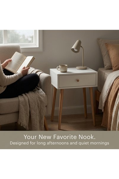 Fakhamah Al Manzil Nordic Nightstand with Single Drawer, Solid Wood Legs Beds...