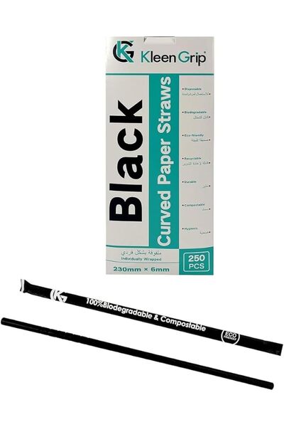 KLEENMAC Curved Paper Straws Black 230mm*6mm 250Pcs