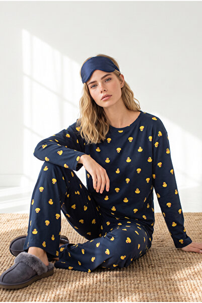 Olalook Kadın Ördek Lacivert %100 Pamuk Uzun Kollu Pijama Takımı PJM-00000024