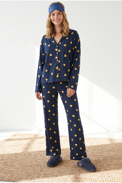 Olalook Women's Duck Navy Blue Buttoned Long Sleeve 100% Cotton Pajama Set Pj...