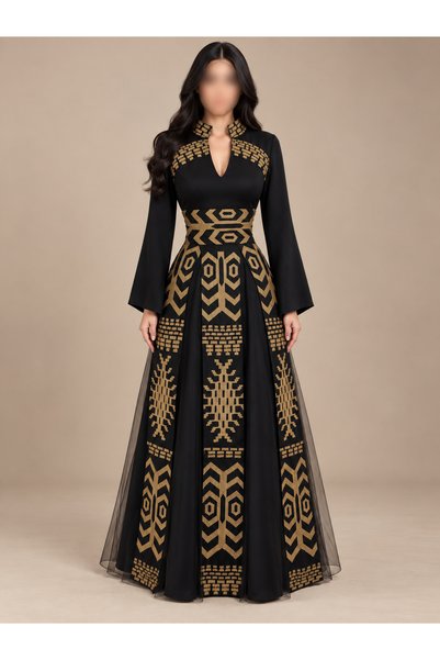 Rose Luxury Evening Wear Black Gown with Gold Geometric Embroidered Applique Work Inspired by Traditional Motifs