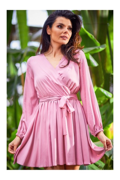 Awama Rochie mini evazată cu decolteu petrecut și mâneci lungi, roz prăfuit.