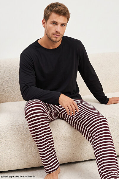 Siyah İnci Set pijamale tricotate din bumbac cu model dungi alb-negru prune 8093