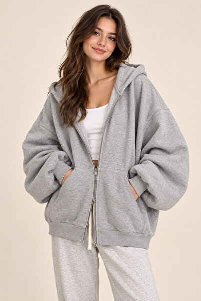 FAVORİST Cardigan de damă cu glugă, cu trei fire, cu fermoar și mâneci bufante