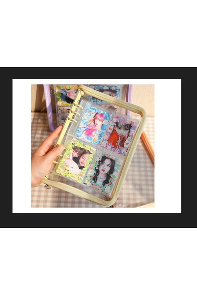 zerzembe A5 6 Delikli Klasör, Şeffaf Simli Ajanda Kılıfı A5 - 6 Halkalı Rose Gold - Fermuarlı Binder Cover - Boş Ajanda Defter Kılıfı - Bej