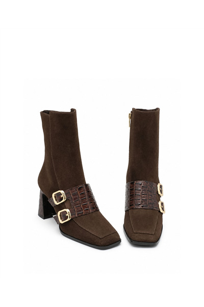 Vario Genuine Leather Double Buckle Heeled Women's Boots 381 Brown Suede