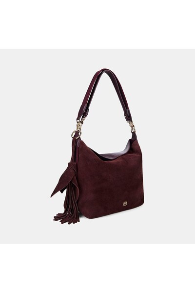 Desa Women's Burgundy Double Strap Suede Textured Shoulder Bag