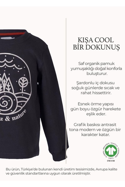 Ozmoz By Mukadder Özden Organic Graphic Printed Anthracite Winter Boys' Sweatshirt
