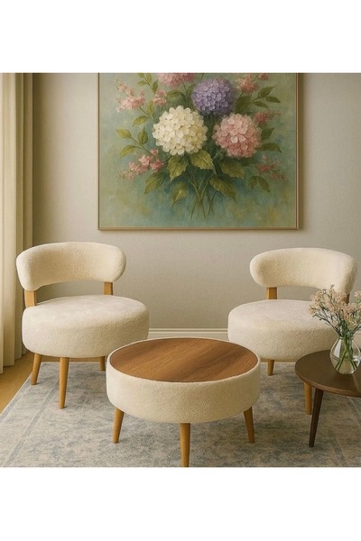 ADANUR DESIGN Çay Seti İkili Koltuk Berjer ve Krem Puf Takımı 3 lü Takım (Bal...