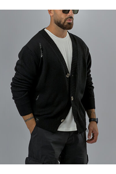 COCOPELLI Ripped Detailed Black Knitwear Men's Cardigan Coc3586