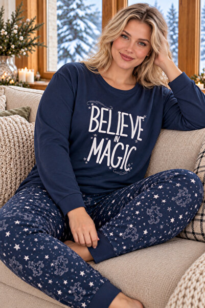 ELİTOL Marineblaues, gemustertes Luxus-Thermo-Pyjama-Set für Damen in Übergrö...