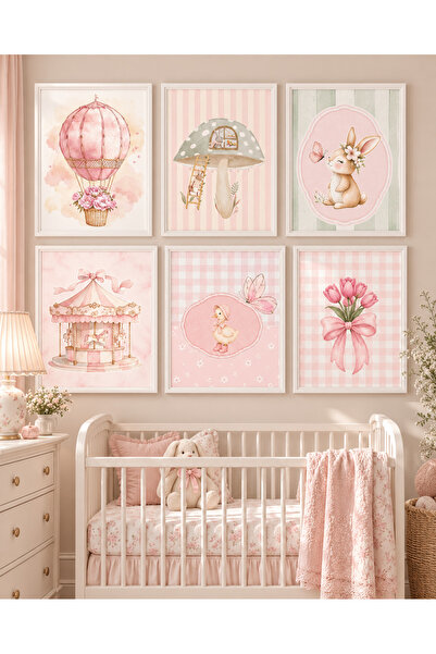 Zerawall Kız Bebek Odası Pastel 6’lı Çerçeve Görünümlü Çerçevesiz MDF Tablo S...
