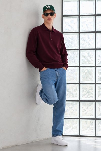 DAMGA JEANS Pulover pentru bărbați, cu guler polo și nasturi, culoare burgundy