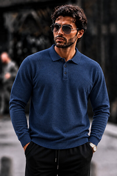 DAMGA JEANS Pulover albastru pentru bărbați, cu guler polo și nasturi, croial...