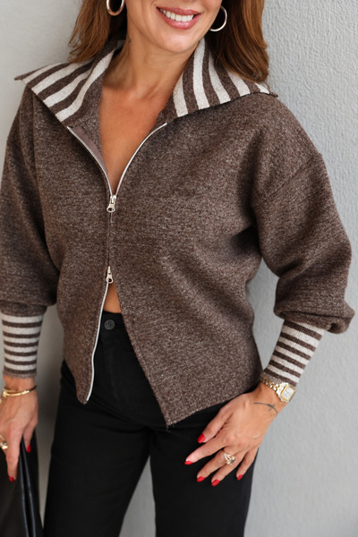 My Blog Brown-Ecru Cardigan with Striped Collar and Cuff - 261088