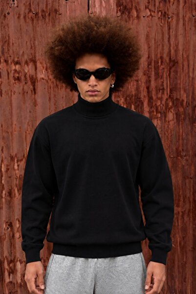 DAMGA JEANS Pulover tricotat negru oversize cu guler complet pentru bărbați