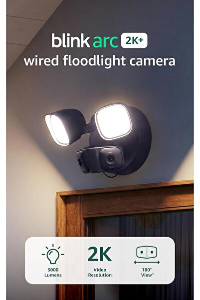 Blink Cameră de supraveghere exterioară cu proiectoare Arc 2K+ cu fir, 2 camere, 3000 lumeni, rezoluție 2K, acoperire la 180 de grade, sirenă, IP65, alimentare prin cablu, compatibilă cu Alexa, negru.
