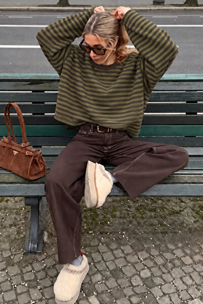 SİNEMCEBECİ Kadın Yeşil Kahverengi Çizgili Bisiklet Yaka Oversize Sweatshirt