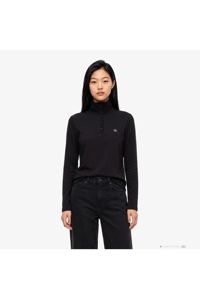 Calvin Klein Kadın Slim Fit CK Logo Etiketli Örme Kumaş Uzun Kollu Siyah T-Shirt