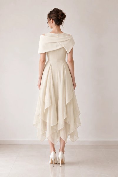 2TRENDY Midi Dress with Cross-Over Shoulder Overlay and Multi-Layered Chiffon Skirt - Beige
