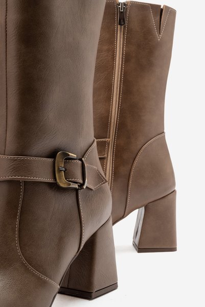 by selvi Lukka Shoes Alice Women's Mink Faux Leather Buckle Detailed 7.5cm Heel Women's Long Boots