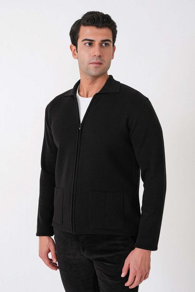 Efor Comfort Fit Zippered Pocket Wool Black Cardigan Tr 896