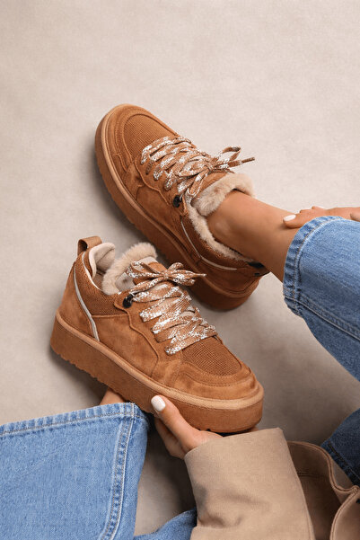 Hepsi Moda Kürk Detaylı Süet Kadın Sneakers - Taba