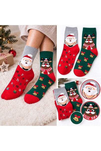 OEM Set 2 perechi sosete lungi dama, motive de Craciun, bumbac, SO&LI, marime...