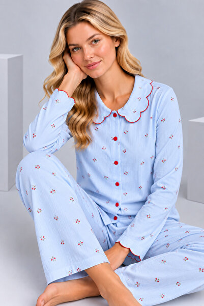 Pijamask Kadın Çiçek Desenli Bebe Yaka Düğmeli Uzun Kollu Müslin Pijama Takımı
