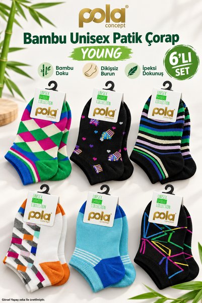 Pola Bambu Unisex Patik Çorap Genç Young Desenli Renkli 6'lı Asorti 38-40