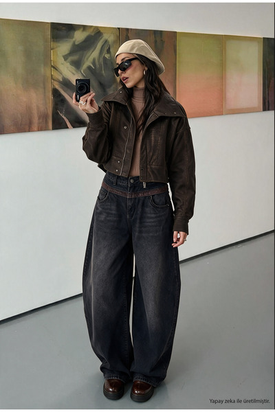 it's basic Kadın w6-81 Crop Fit Özel Kumaş Tasarım Oversize Ceket