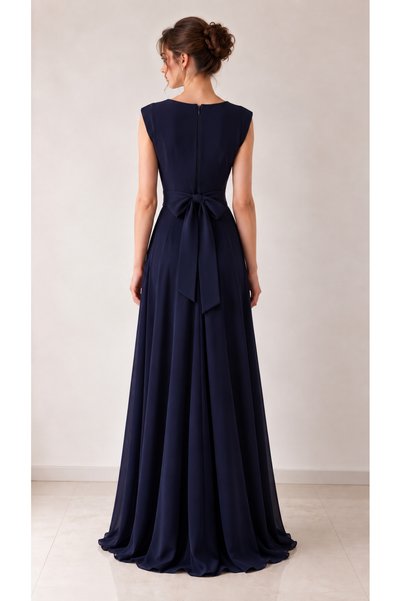 2TRENDY Long Dress with Pleats Crisscrossing Across the Chest, Embroidery on the Shoulders, and a Drawstring Waist with a Back Tie - Navy Blue