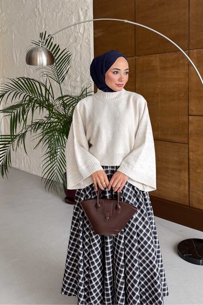 Rimel Moda Flare Oversize Kazak Ekru