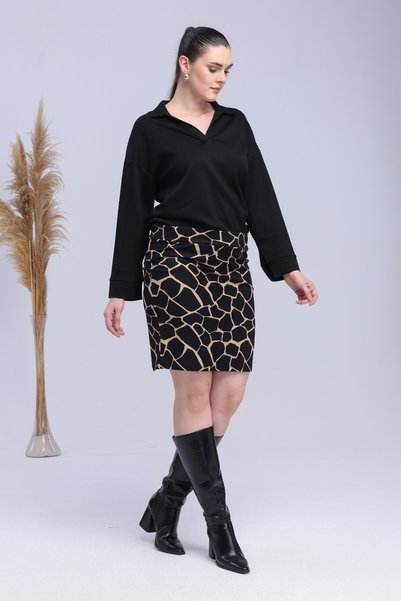 Madwilo Women's Black Beige Stone Pattern Stretchy Short Pencil Skirt
