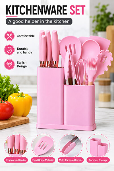 Generic Pink Silicone Kitchen Utensil Set with Holder, Heat Resistant & Non-S...